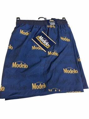 ModelCo Men's Navy Blue and Yellow Modelo Logo Swim Board Shorts